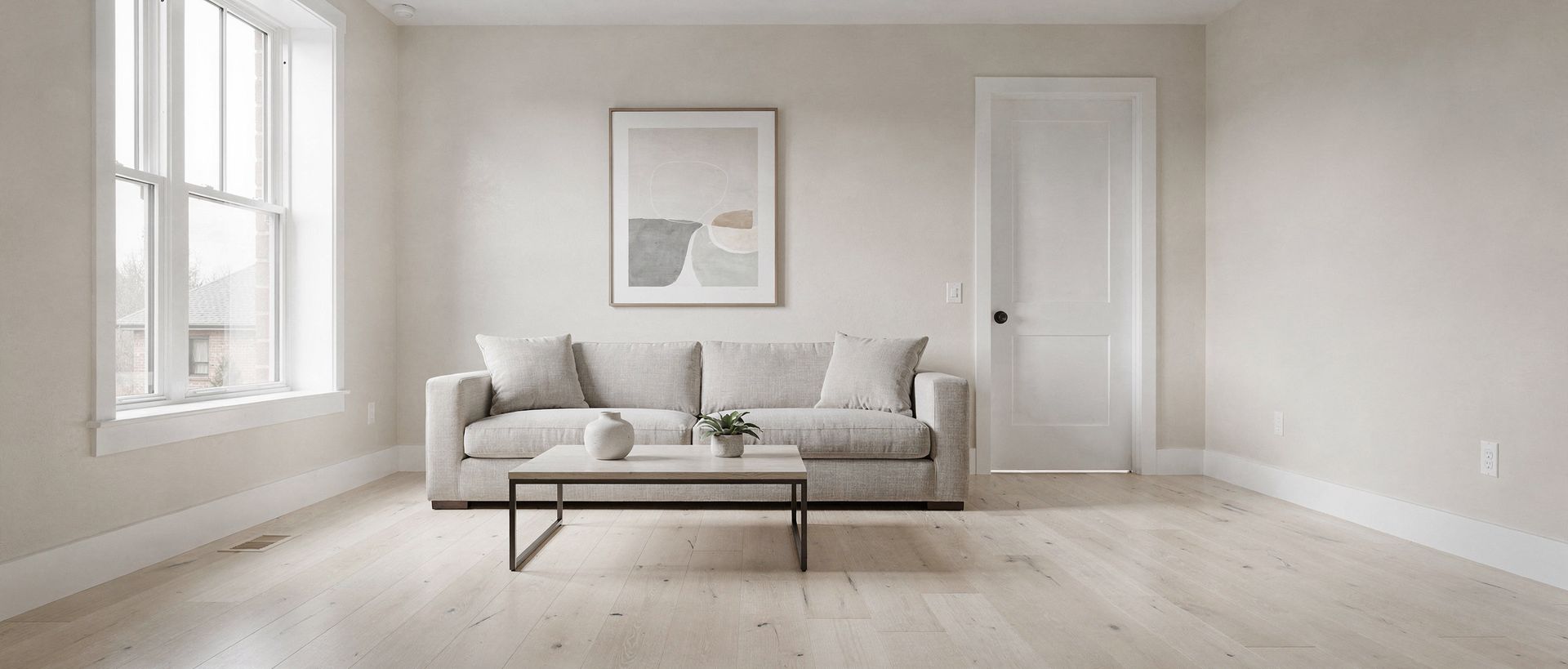The same living room after repainting — warm white walls and crisp trim