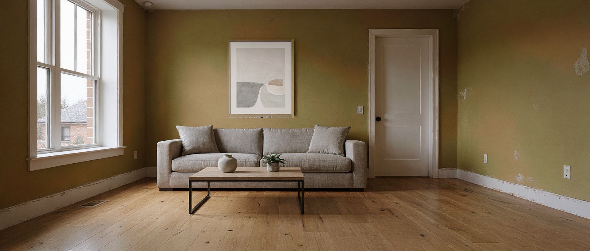 Living room before repainting — dated tan walls and worn trim